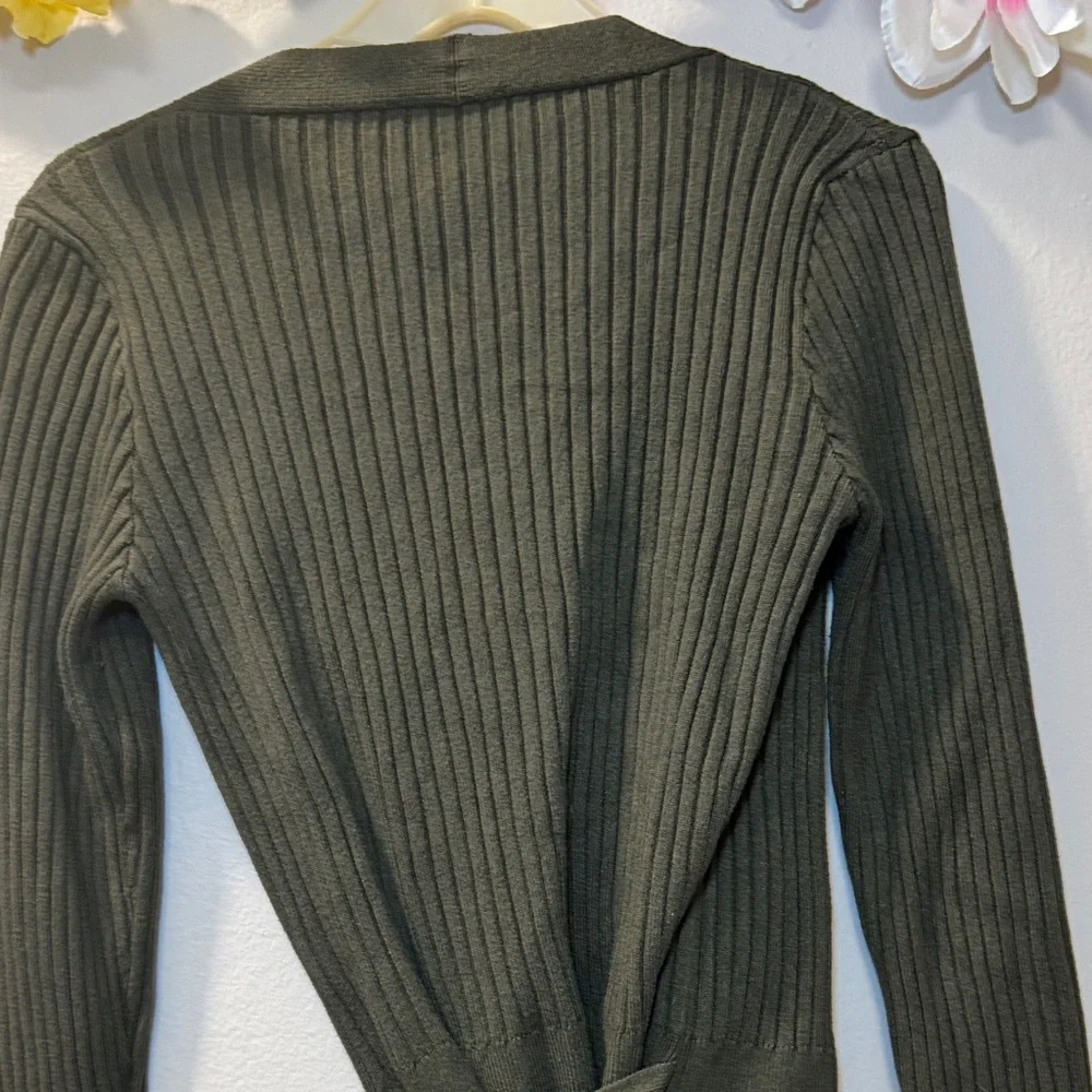 Women's Ribbed Wrap Tie Cardigan - Dark Olive